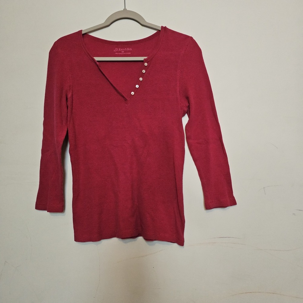 St John's Bay Women's Med Thermal 3/4 Sleeve Top Layer Buttons Cotton Blend Pink